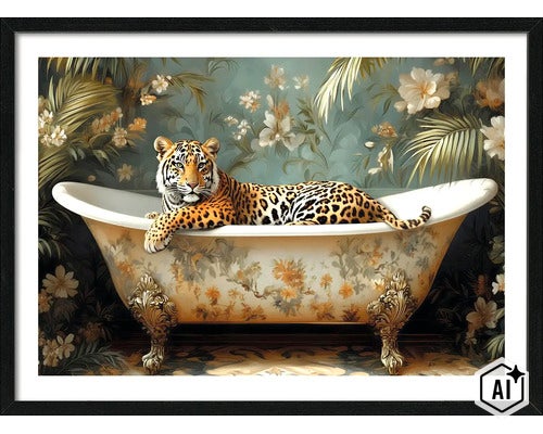 Image murale représentant un tigre dans une baignoire ornée devant un fond floral, dans un cadre noir. (Image AI modified or generated)