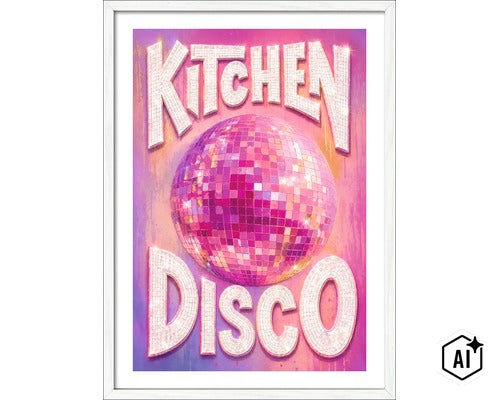 Wandbild mit Motiv einer Discokugel und dem Schriftzug Kitchen Disco im Rahmen (Image AI modified or generated)