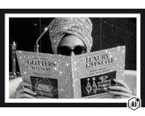 Wandbild mit Motiv einer Frau mit glitzerndem Turban, die ein Magazin in der Badewanne liest, gerahmt, quadratisches Format. (Image AI modified or generated)
