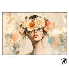 Wandbild mit abstraktem Porträt einer Frau, die einen Blumenkranz trägt, gerahmt, Kunstdruck für die Wanddekoration. (Image AI modified or generated)