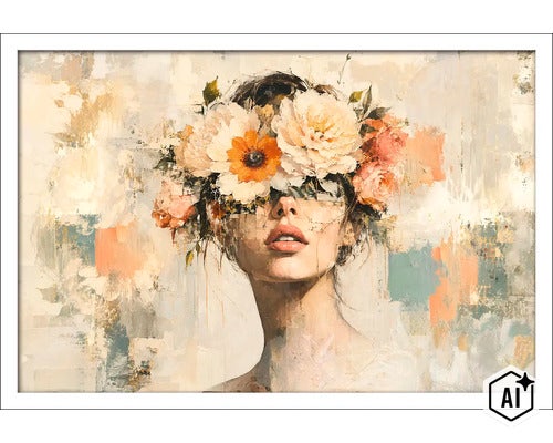 Wandbild mit abstraktem Porträt einer Frau, die einen Blumenkranz trägt, gerahmt, Kunstdruck für die Wanddekoration. (Image AI modified or generated)