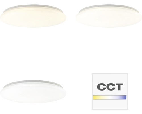 Drei Deckenleuchten mit unterschiedlichen Lichtfarben und CCT Symbol.