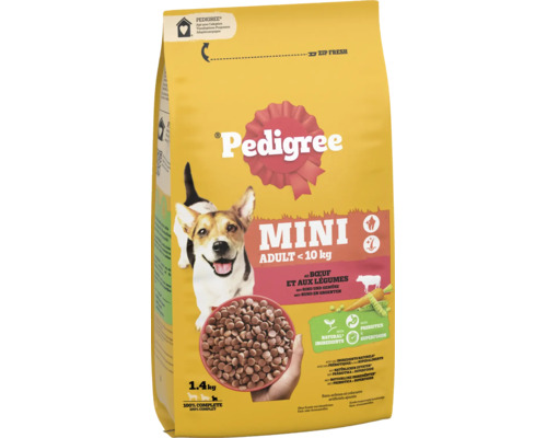 Aliment sec pour chien adulte de petite race Pedigree Mini au bœuf et aux légumes pour chiens de moins de 10 kilogrammes, sachet de 1,4 kilogramme