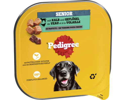 Nourriture humide pour chiens seniors Pedigree au veau et à la volaille en terrine.
