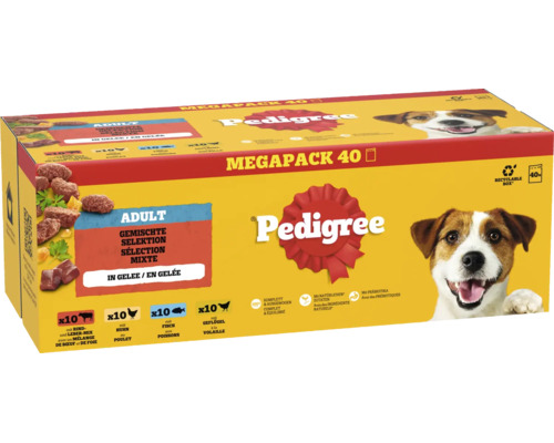 Pedigree Adult Megapack mit 40 Portionsbeuteln Nassfutter in Gelee verschiedene Sorten
