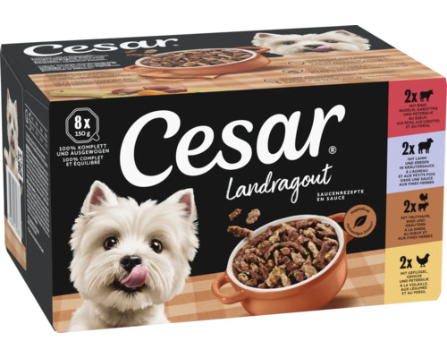 Cesar Landragout Hundenahrung, 8 Portionsbeutel je 150 Gramm, Nassfutter mit verschiedenen Fleischsorten und Gemuesezutaten fuer Hunde.