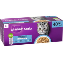 Aliment pour chat senior Whiskas sélection de poissons en gelée, multipack avec 40 sachets fraîcheur pour chats de plus de 7 ans.