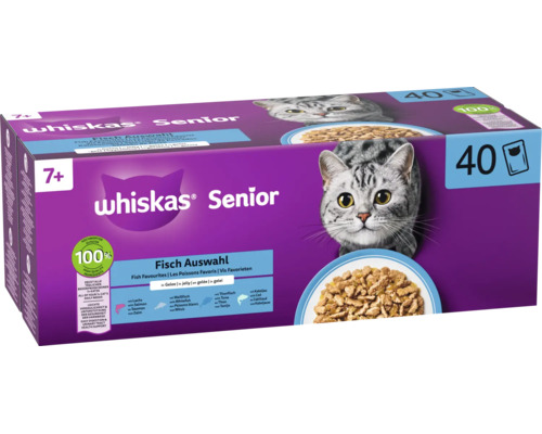 Whiskas Senior Katzenfutter Fisch Auswahl in Gelee, Multipack mit 40 Portionsbeuteln für Katzen ab 7 Jahren.