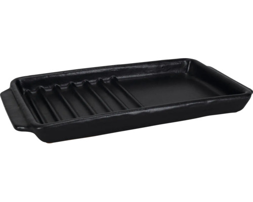 Rechteckige Grillpfanne aus Gusseisen mit gerillter und glatter Bratfläche.