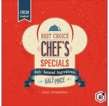 Vintage Werbeplakat für Chef Specials mit dem Schriftzug Best Choice und dem Hinweis auf natürliche Zutaten sowie halben Preis. (Image AI modified or generated)