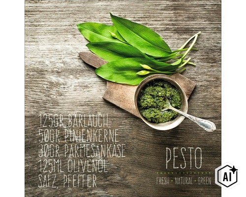 Recette de pesto à l ail des ours avec des feuilles fraîches et liste des ingrédients sur un fond en bois rustique. (Image AI modified or generated)