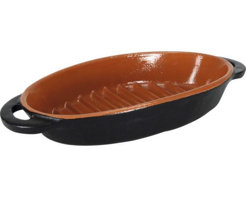Ovale Grillpfanne aus Gusseisen mit geripptem Boden und zwei Griffen.