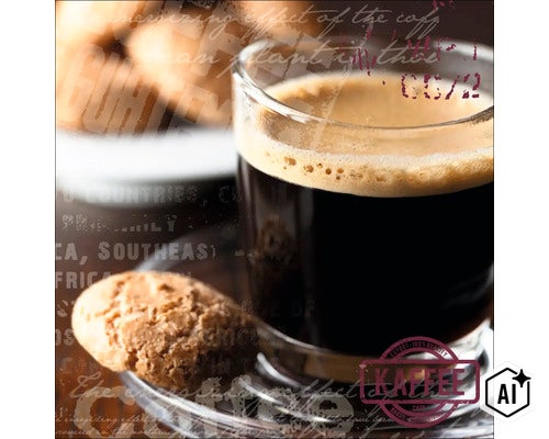 Eine Tasse Kaffee in einem Glas mit einem Keks auf einer Untertasse. (Image AI modified or generated)