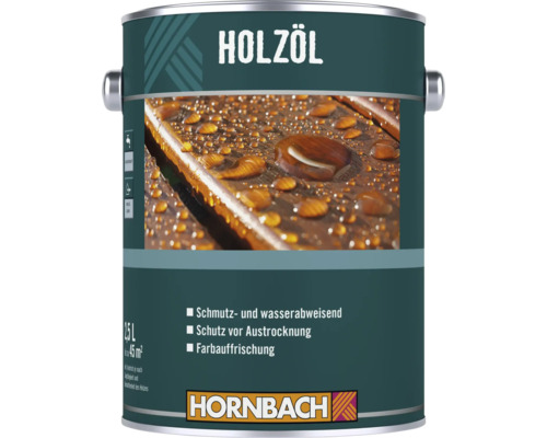 Eine 2,5 Liter Dose Hornbach Holzöl für schmutz- und wasserabweisenden Schutz mit Farbauffrischung von Holzoberflächen.