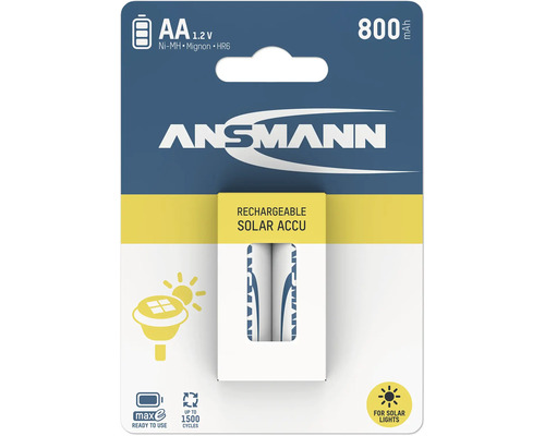Batterie rechargeable Ansmann AA Mignon Nickel Metal Hydrure 1,2 Volt 800 Milliampere heure pour eclairage solaire en paquet de deux