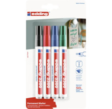 Set de quatre marqueurs permanents Edding 3300 avec une largeur de trait de 1 à 5 millimètres en différentes couleurs sur carte blister