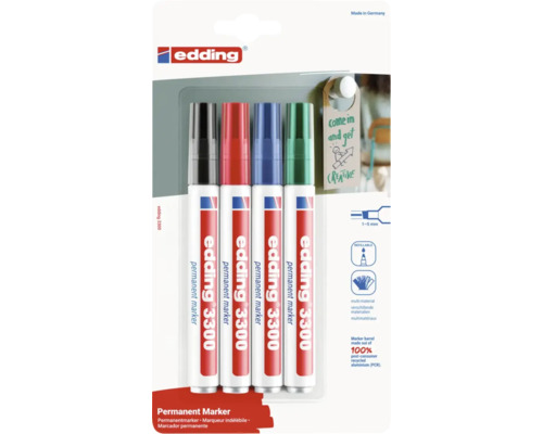 Set de quatre marqueurs permanents Edding 3300 avec une largeur de trait de 1 à 5 millimètres en différentes couleurs sur carte blister