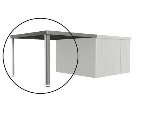 Abri voiture latéral pour abri de jardin en métal avec poteaux de support et toit plat en extension.