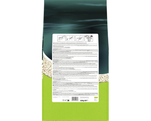 Rückseite einer Packung Tetra Pond Sticks Fischfutter mit Inhaltsangaben und Anwendungshinweisen.