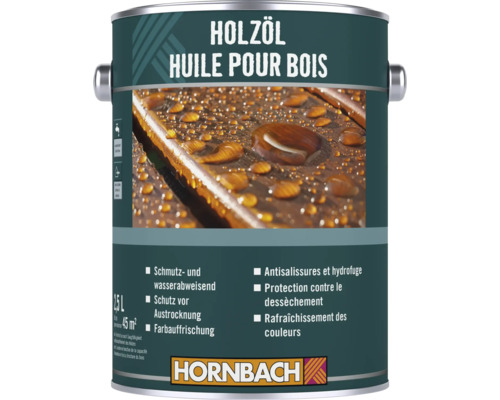 Eine Dose Hornbach Holzöl mit 2,5 Litern Inhalt für den Schutz von Holzoberflächen vor Schmutz, Wasser und Austrocknung.
