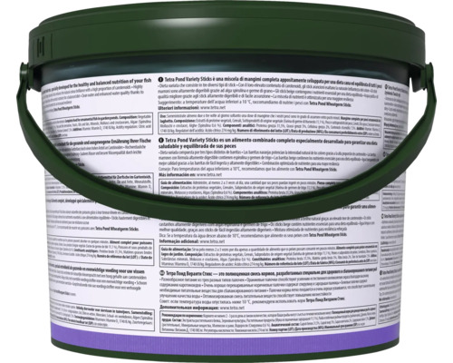 Tetra Pond Variety Sticks Futtereimer für Gartenteichfische mit mehrsprachigen Produktinformationen und Inhaltsstoffen.