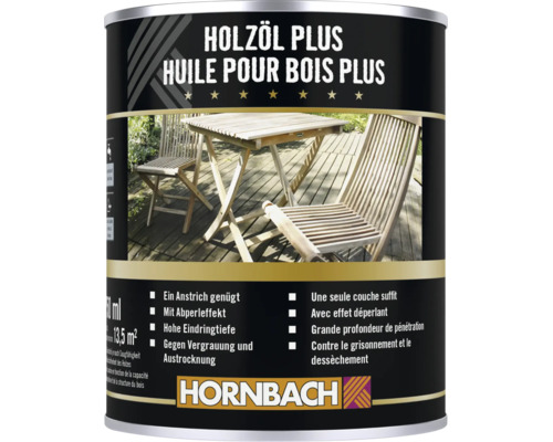 Dose Hornbach Holzöl Plus für Gartenmöbel und Holzterrassen mit Informationen zu Anstrich Ergiebigkeit und Schutzwirkung