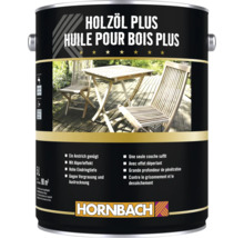 Un bidon d huile pour bois Plus Hornbach de 5 litres pour la protection des meubles de jardin en bois en extérieur.