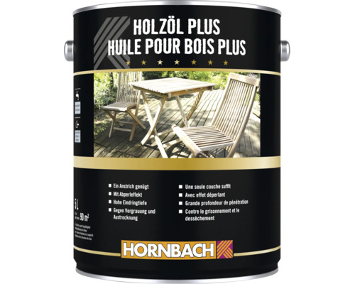 Eine Dose Hornbach Holzöl Plus mit 5 Litern Inhalt für den Schutz von Gartenmöbeln aus Holz im Außenbereich.