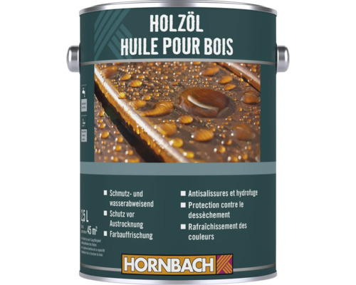Un bidon d'huile pour bois Hornbach, 2,5 litres, pour protéger et rafraîchir les surfaces en bois, hydrofuge.