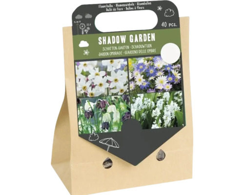 Set mit 40 Blumenzwiebeln für den Schattengarten in einer Tragetüte aus Papier für die Pflanzung im Frühjahr