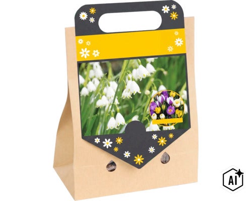Sac en papier avec des bulbes de nivéoles de printemps et de crocus pour la plantation au jardin (Image AI modified or generated)