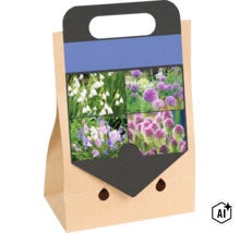 Papiertragetasche mit Blumenzwiebeln für verschiedene Frühlingsblüher in Gartenbeeten (Image AI modified or generated)