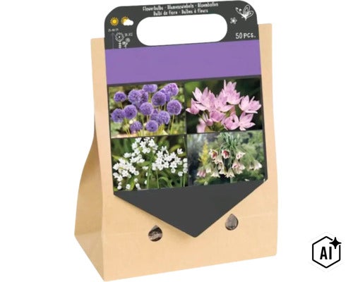 Set mit 50 Blumenzwiebeln für verschiedene Laucharten in einer Papiertüte mit praktischem Tragegriff und bebilderten Sorteninformationen. (Image AI modified or generated)