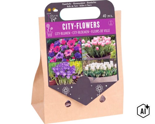 40 Blumenzwiebeln Set City Flowers für Kübel und Töpfe in einer Papiertragetasche (Image AI modified or generated)