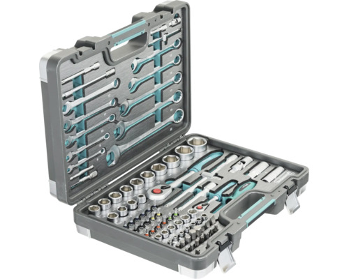 Technocraft Werkzeugkoffer mit umfangreichem Sortiment an Steckschlüsseln, Gabelringschlüsseln und Bits in sortierter Aufbewahrungsbox.