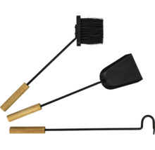 Garniture de cheminée composée d'une brosse, d'une pelle et d'un tisonnier avec poignées en bois