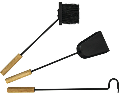 Garniture de cheminée composée d'une brosse, d'une pelle et d'un tisonnier avec poignées en bois