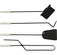 Set de cheminée comprenant balai, tisonnier, pelle à cendres et pince à bois avec poignées en acier inoxydable.