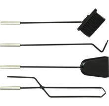 Set d'accessoires de cheminée comprenant balai, tisonnier, pelle et pince avec poignées en métal