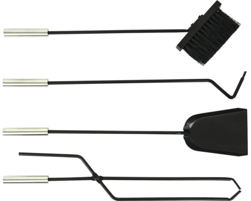 Set d'accessoires de cheminée comprenant balai, tisonnier, pelle et pince avec poignées en métal