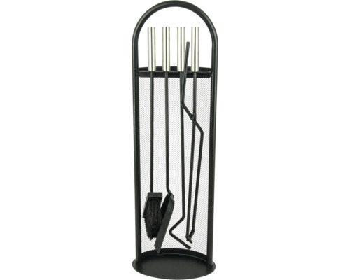 Set d'accessoires de cheminée avec support comprenant balai, pelle, tisonnier et pince en métal pour cheminée
