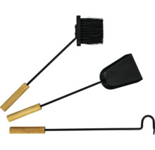 Set de cheminée comprenant une brosse, une pelle et un tisonnier avec des poignées en bois