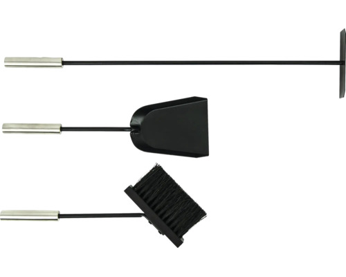Set d'accessoires de cheminée comprenant tisonnier, pelle et balai avec poignées en métal pour le nettoyage de la cheminée.