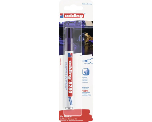 Marqueur UV Edding 8280 avec une largeur de trait de 1,5 à 3 millimètres dans l emballage de vente.