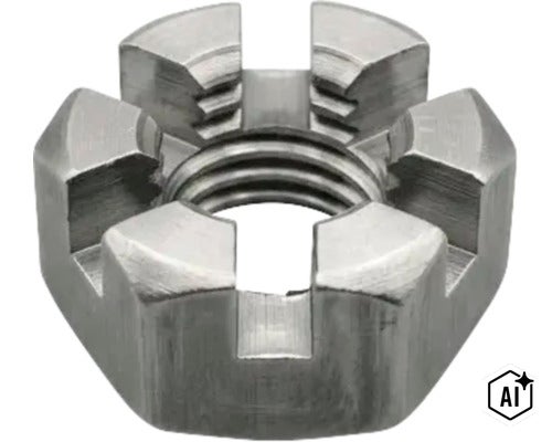 Kronenmutter aus Metall mit Innengewinde für Sicherungszwecke (Image AI modified or generated)