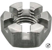Écrou à créneaux en métal avec filetage intérieur pour assemblages vissés (Image AI modified or generated)