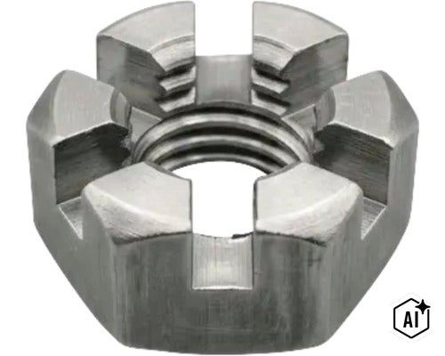 Écrou à créneaux en métal avec filetage intérieur pour assemblages vissés (Image AI modified or generated)