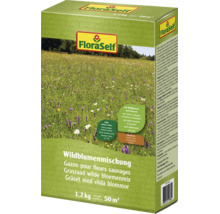 FloraSelf Wildblumenmischung 1,2 Kilogramm für 50 Quadratmeter Packung mit Informationen zum Aussäen und zur Pflege der Blumenwiese