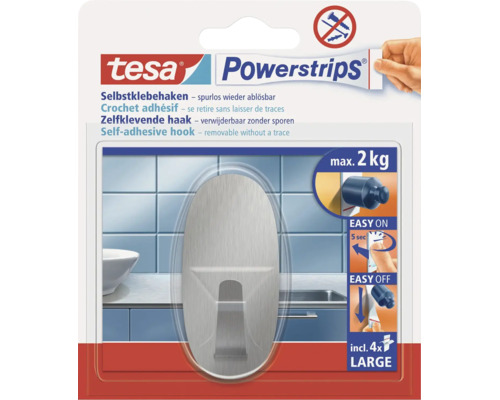 Tesa Powerstrips selbstklebender Metallhaken oval zur spurlosen Befestigung bis 2 Kilogramm Tragkraft inklusive 4 Powerstrips Klebestreifen