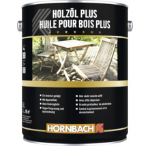 Un bidon de 5 litres d huile pour bois Hornbach Plus pour la protection des surfaces en bois en extérieur, idéal pour les meubles de jardin.